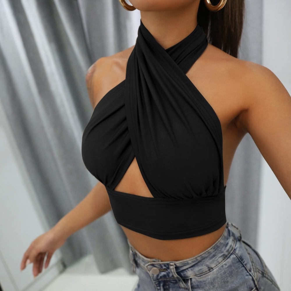 Boho White Ruffle Wrap Halter Crop Top - Picture 10 of 11